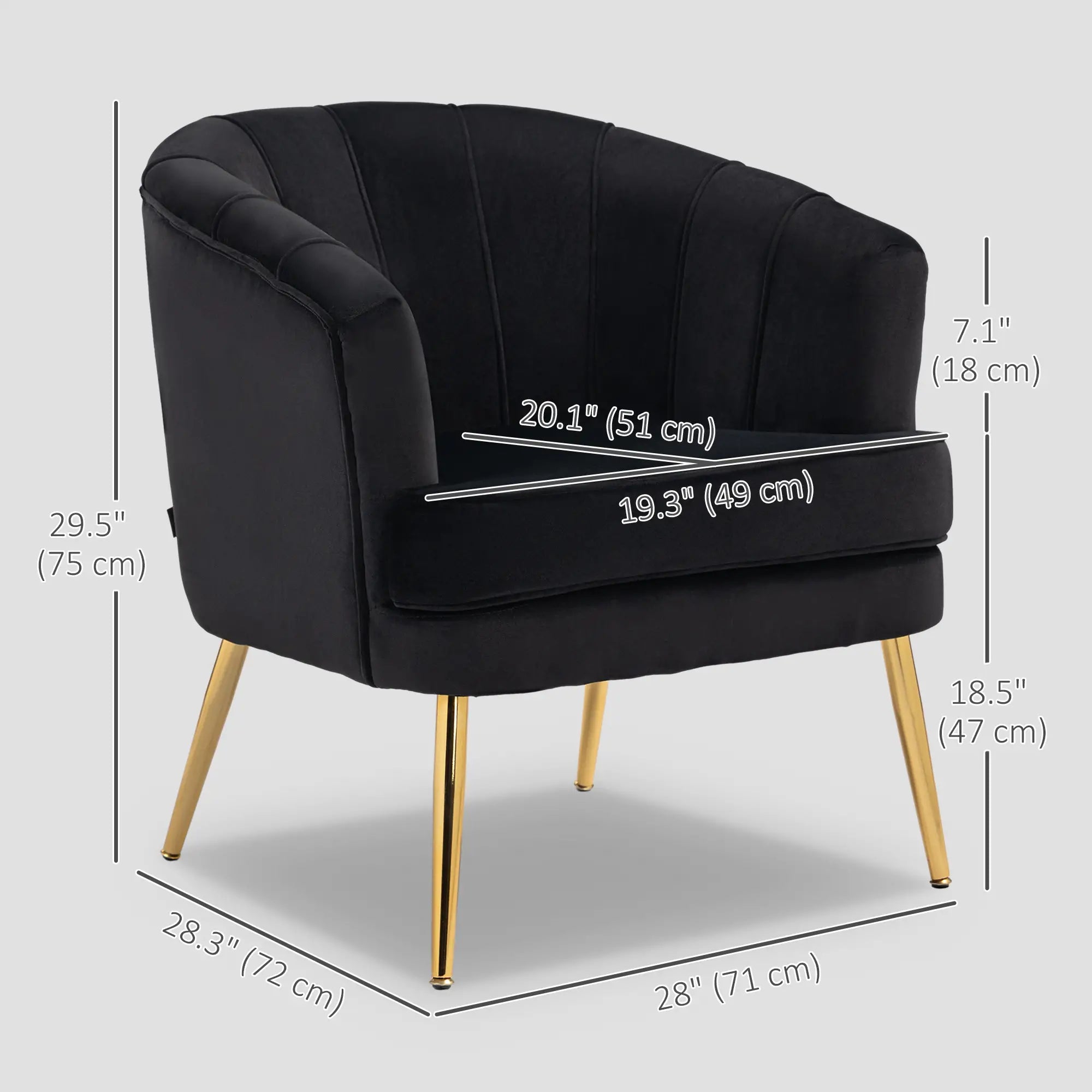 Modern Fabric Armchair, Gold Metal Legs, Living Room, Black Accent Chairs at Gallery Canada