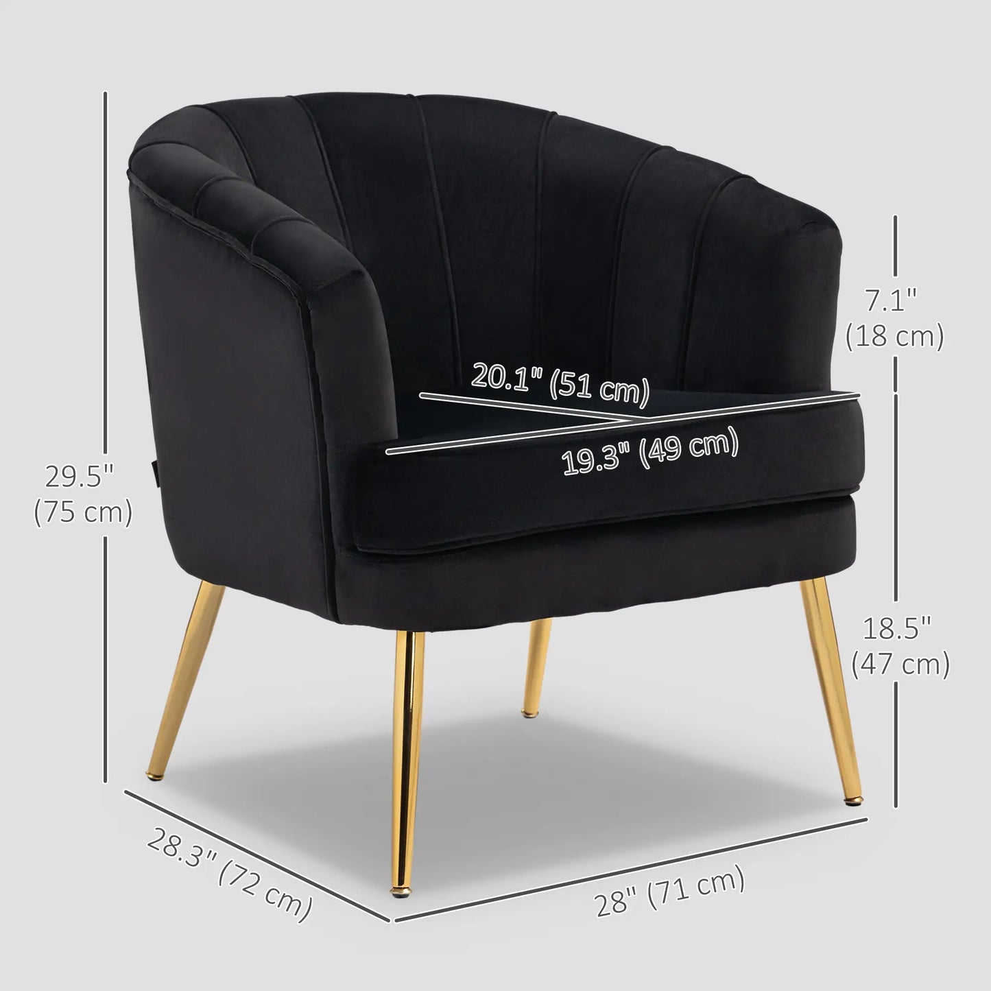 Modern Fabric Armchair, Gold Metal Legs, Living Room, Black Accent Chairs at Gallery Canada