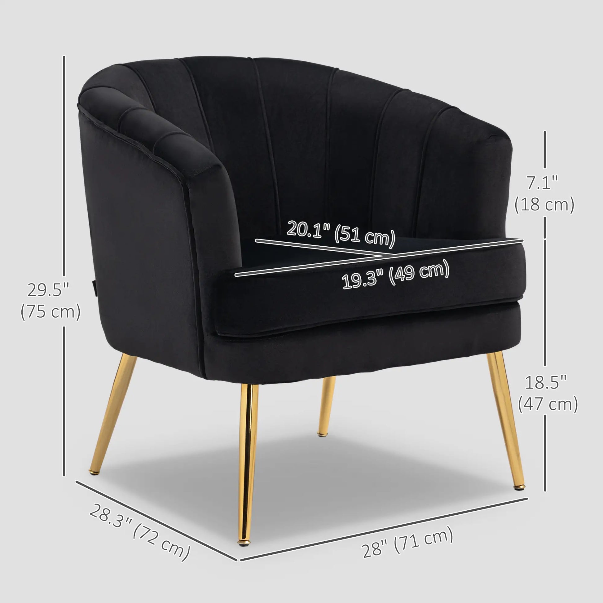 Modern Fabric Armchair, Gold Metal Legs, Living Room, Black Accent Chairs at Gallery Canada