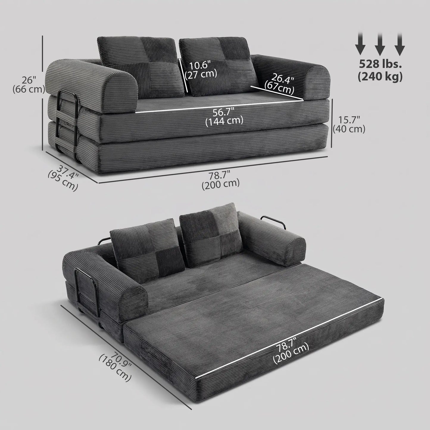 Canapé-lit convertible 5-en-1, causeuse en forme de L, gris foncé, gris foncé