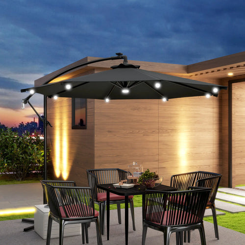 8.8FT Cantilever Patio Umbrella, Solar LED Lights, Crank Handle, Grey