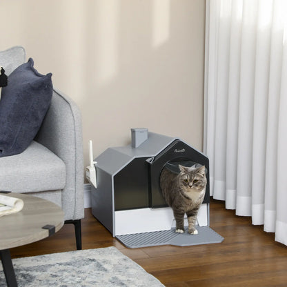 Hooded Cat Litter Box with Lid, Pull-Out Drawer, Scoop, Grey Cat Litter Box Enclosures at Gallery Canada