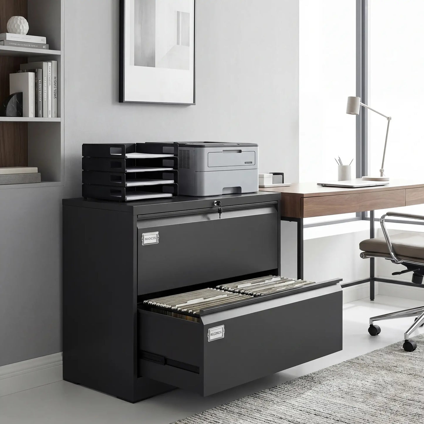 2 Drawer Lateral Filing Cabinet, Lockable Steel, A4 Letter Legal Size, Black Office Cabinets & Cupboards at Gallery Canada