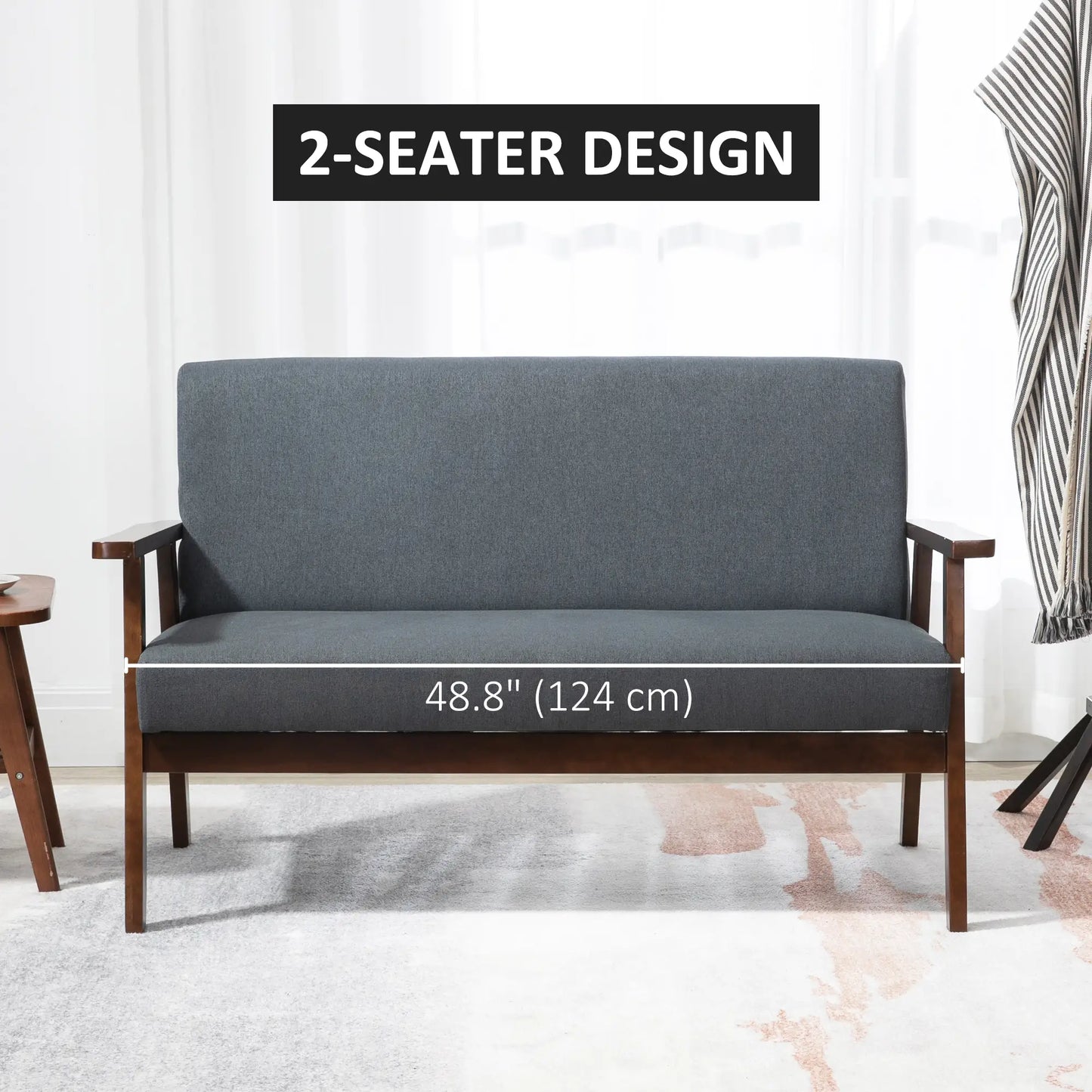 Compact Loveseat Sofa, Linen Fabric, Rubber Wood Legs, Dark Grey 2-Seater Sofas at Gallery Canada