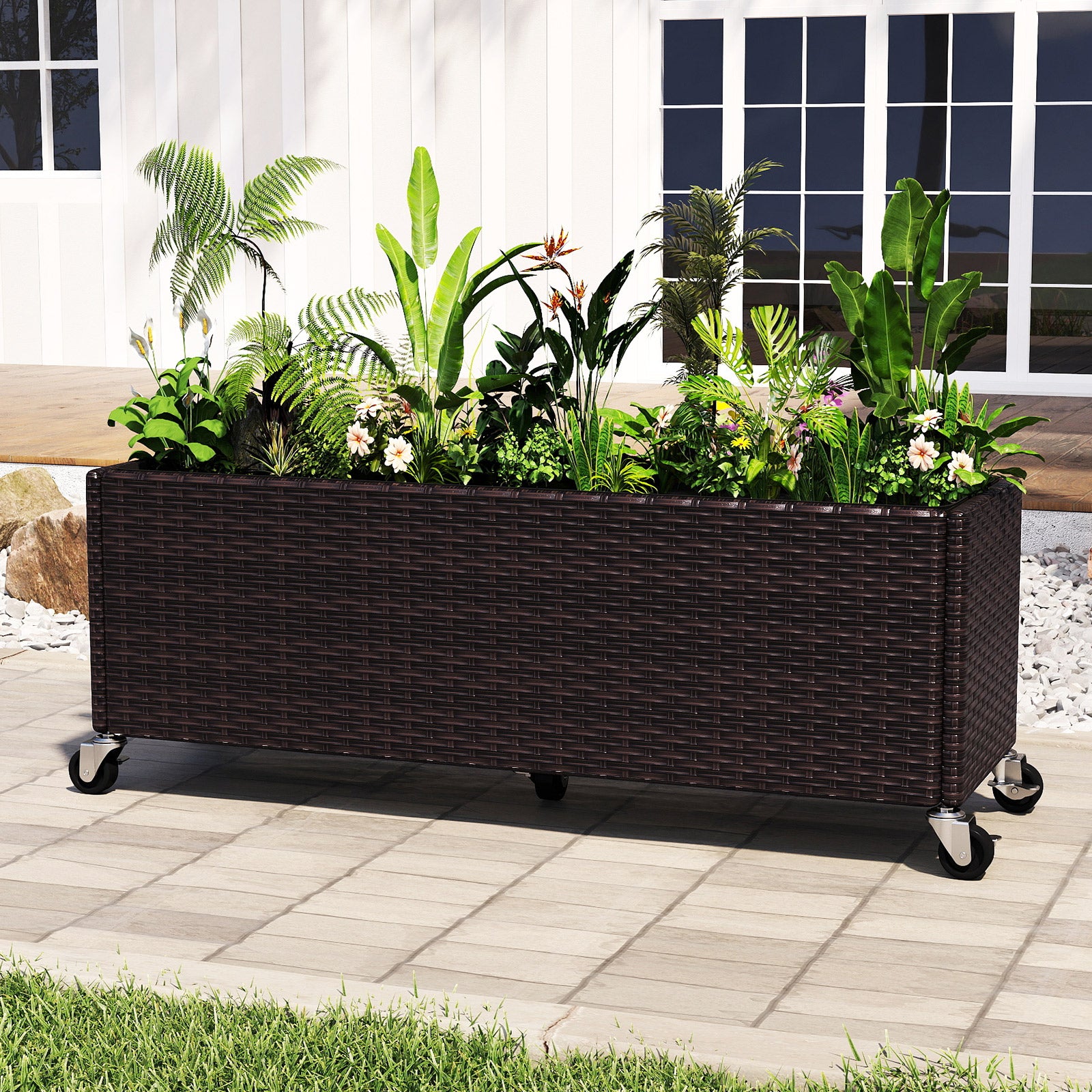 Raised Garden Bed PE Rattan Wicker Patio Planter Box with Wheels and Liner Raised Garden Beds at Gallery Canada