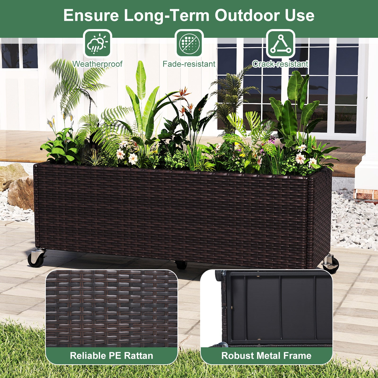 Raised Garden Bed PE Rattan Wicker Patio Planter Box with Wheels and Liner Raised Garden Beds at Gallery Canada