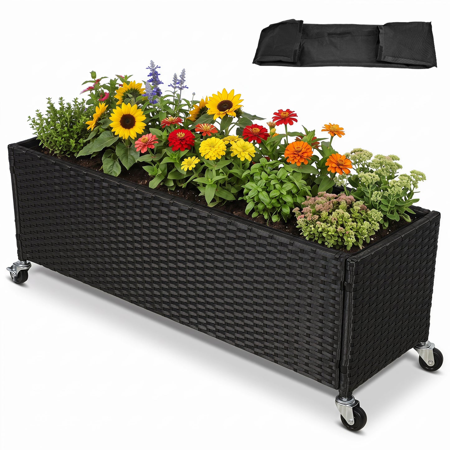 Coffre de jardin surélevé en rotin PE avec doublure et roues