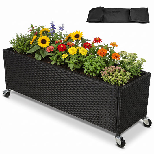 Raised Garden Bed PE Rattan Planter Box with Liner & Wheels Raised Garden Beds Black at Gallery Canada