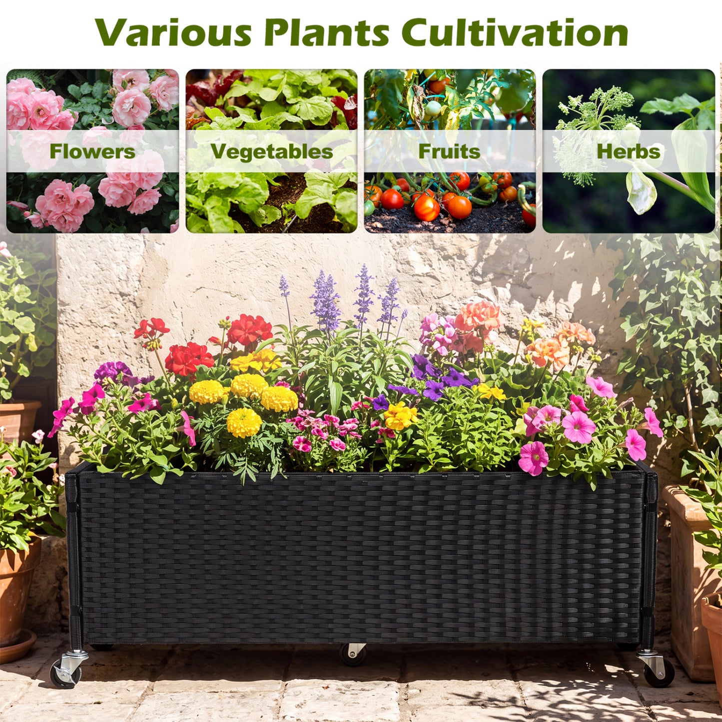 Coffre de jardin surélevé en rotin PE avec doublure et roues