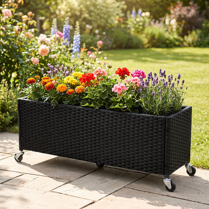 Coffre de jardin surélevé en rotin PE avec doublure et roues