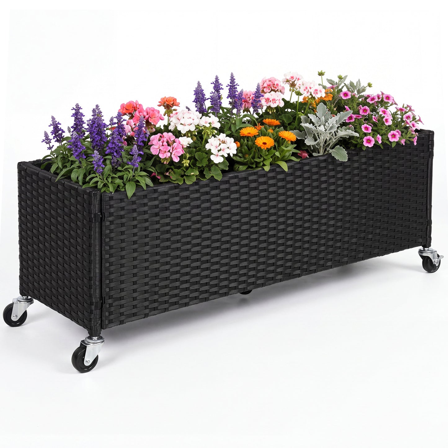 Coffre de jardin surélevé en rotin PE avec doublure et roues