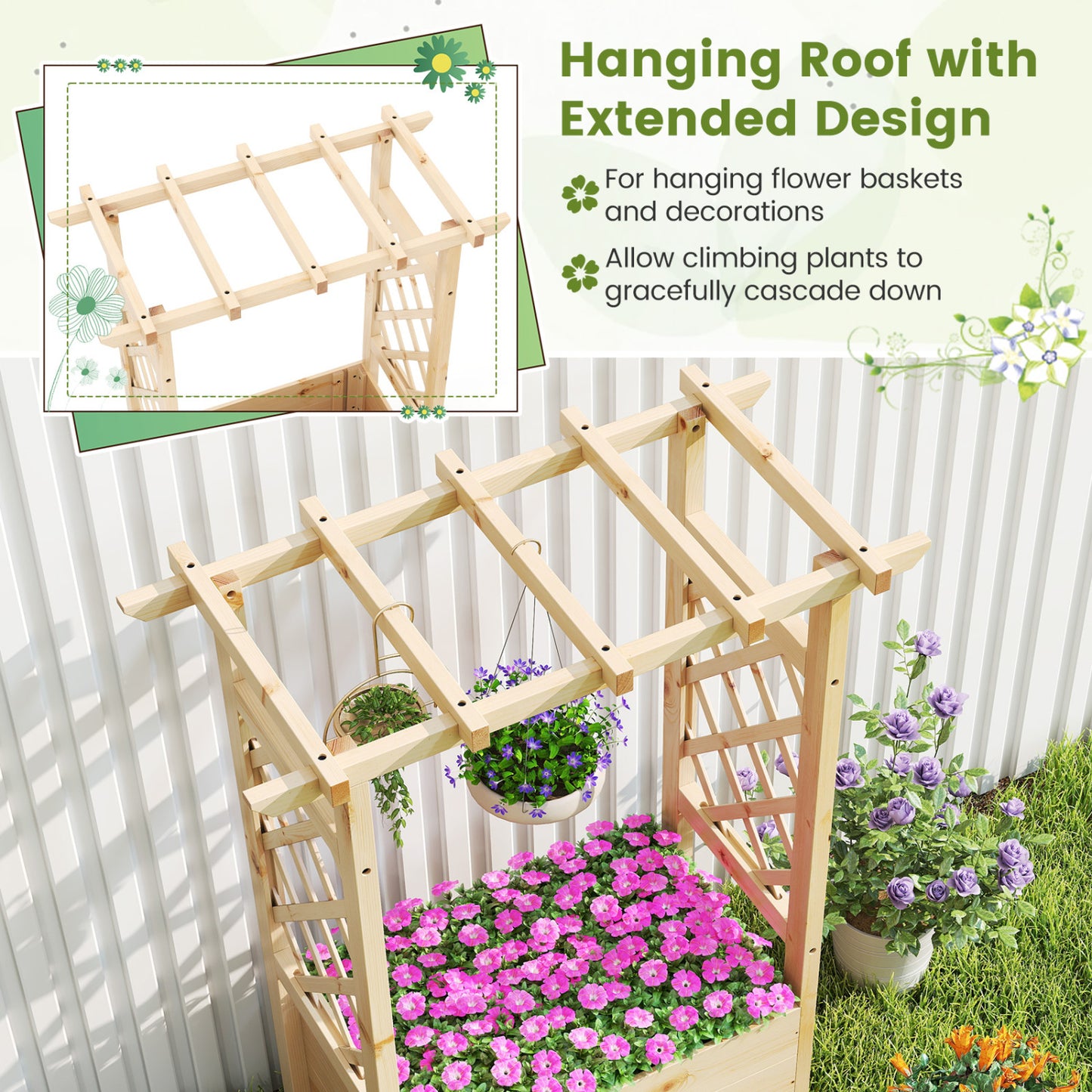 Raised Garden Bed, Wooden Elevated Planter Box, Hanging Roof, S