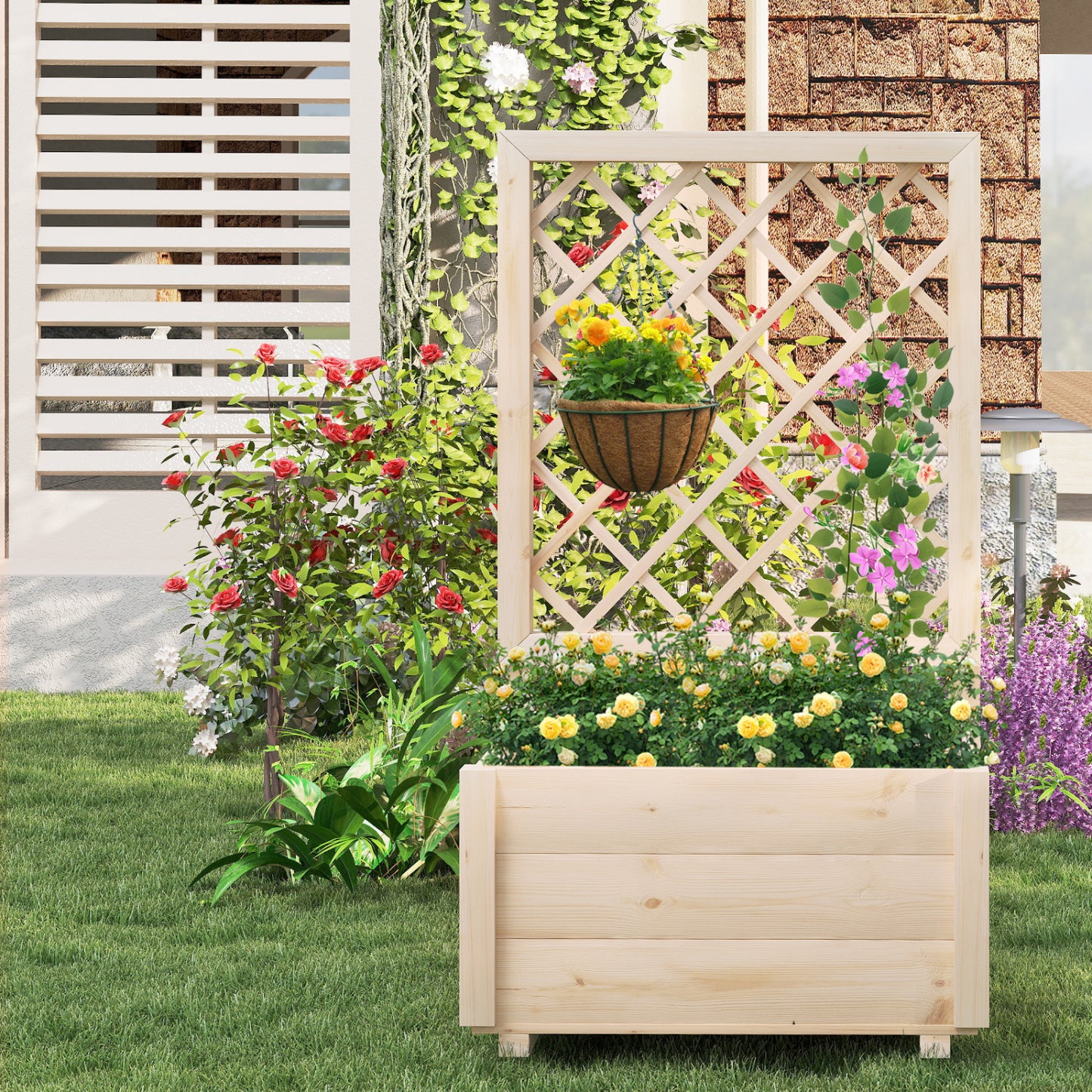 Wooden Raised Garden Bed, Elevated Planter Box With Lattice Trellis-S, Natural