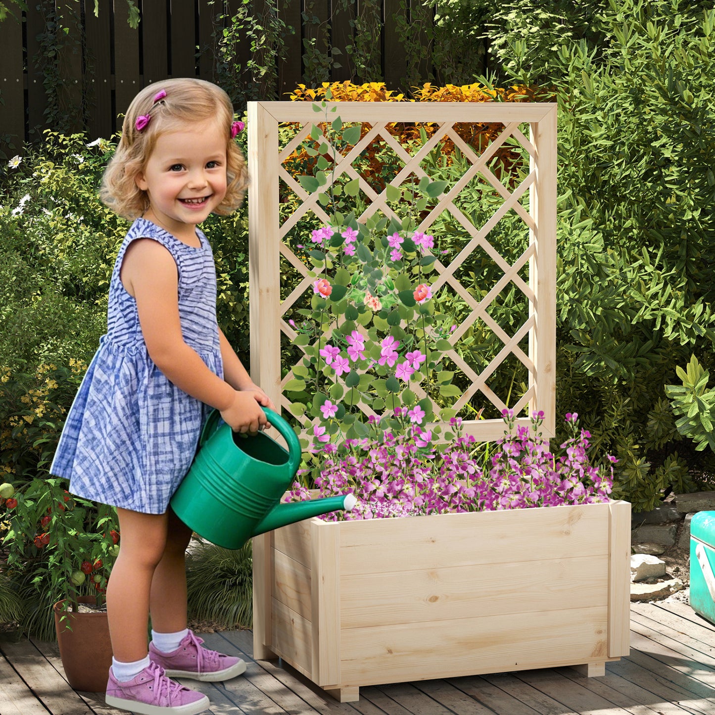 Wooden Raised Garden Bed, Elevated Planter Box With Lattice Trellis-S, Natural