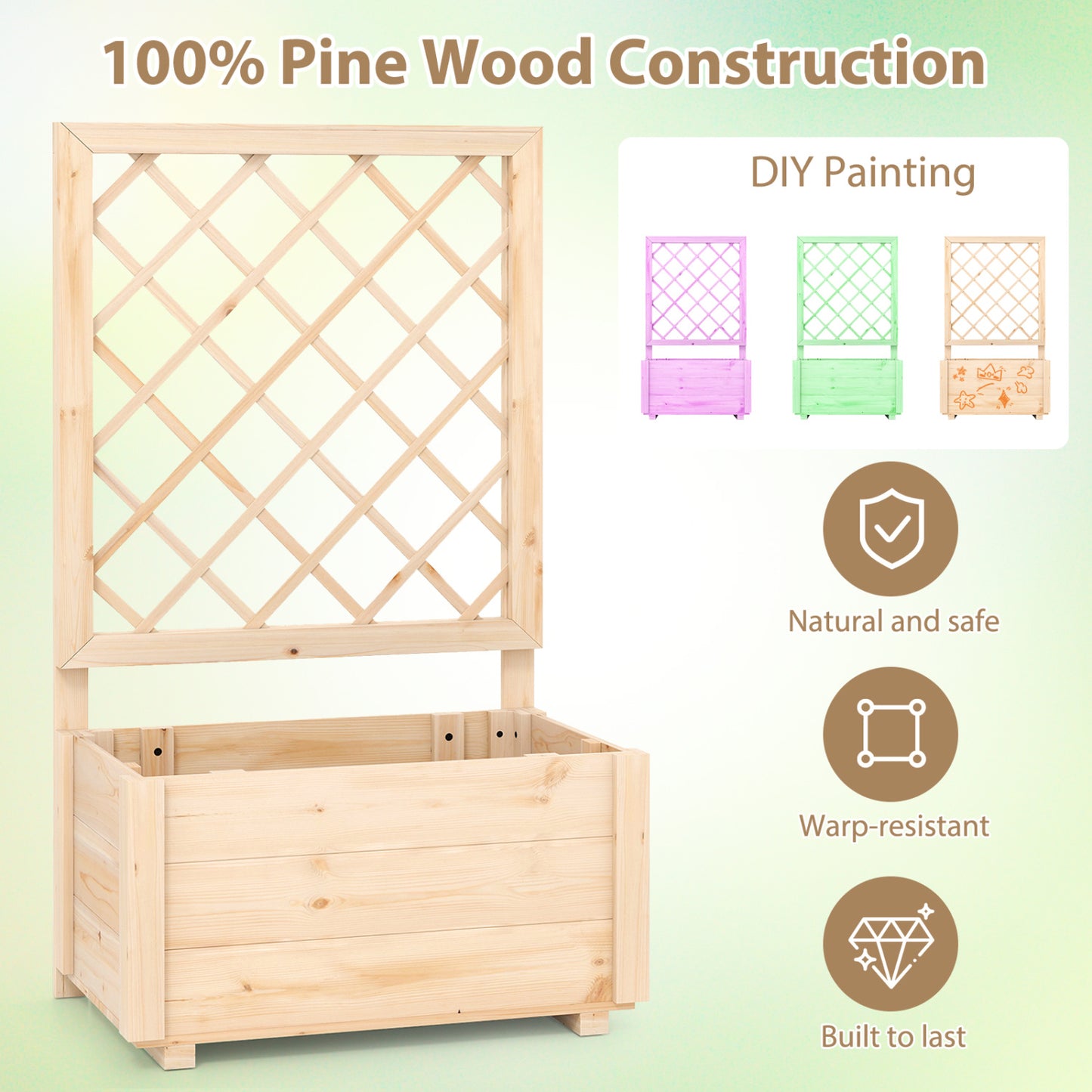 Wooden Raised Garden Bed, Elevated Planter Box With Lattice Trellis-S, Natural