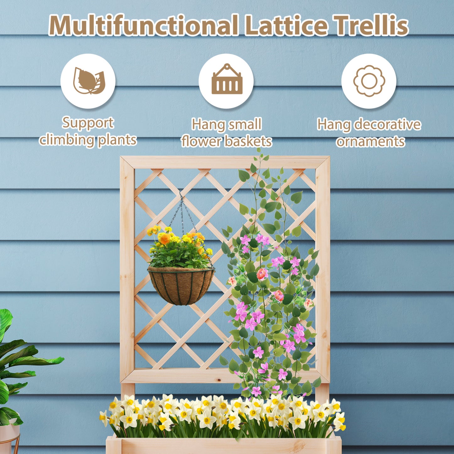 Wooden Raised Garden Bed, Elevated Planter Box With Lattice Trellis-S, Natural