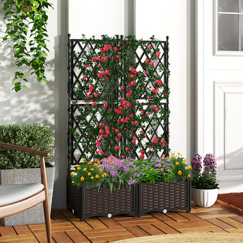 Raised Garden Bed with Lattice Trellis  Drainage Self-Watering Elevated Vertical Planter Boxes, Black