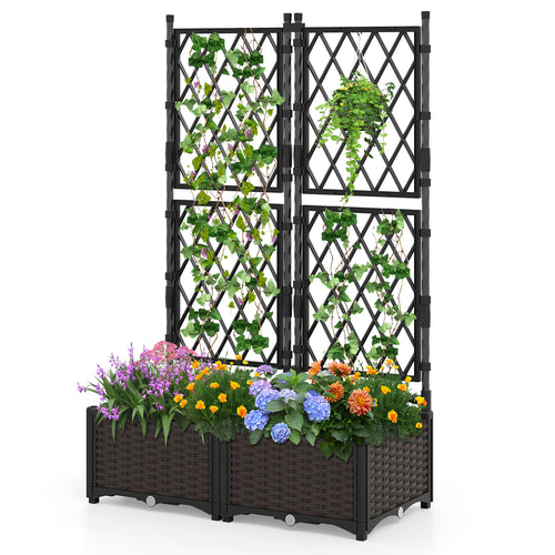 Raised Garden Bed with Lattice Trellis  Drainage Self-Watering Elevated Vertical Planter Boxes, Black