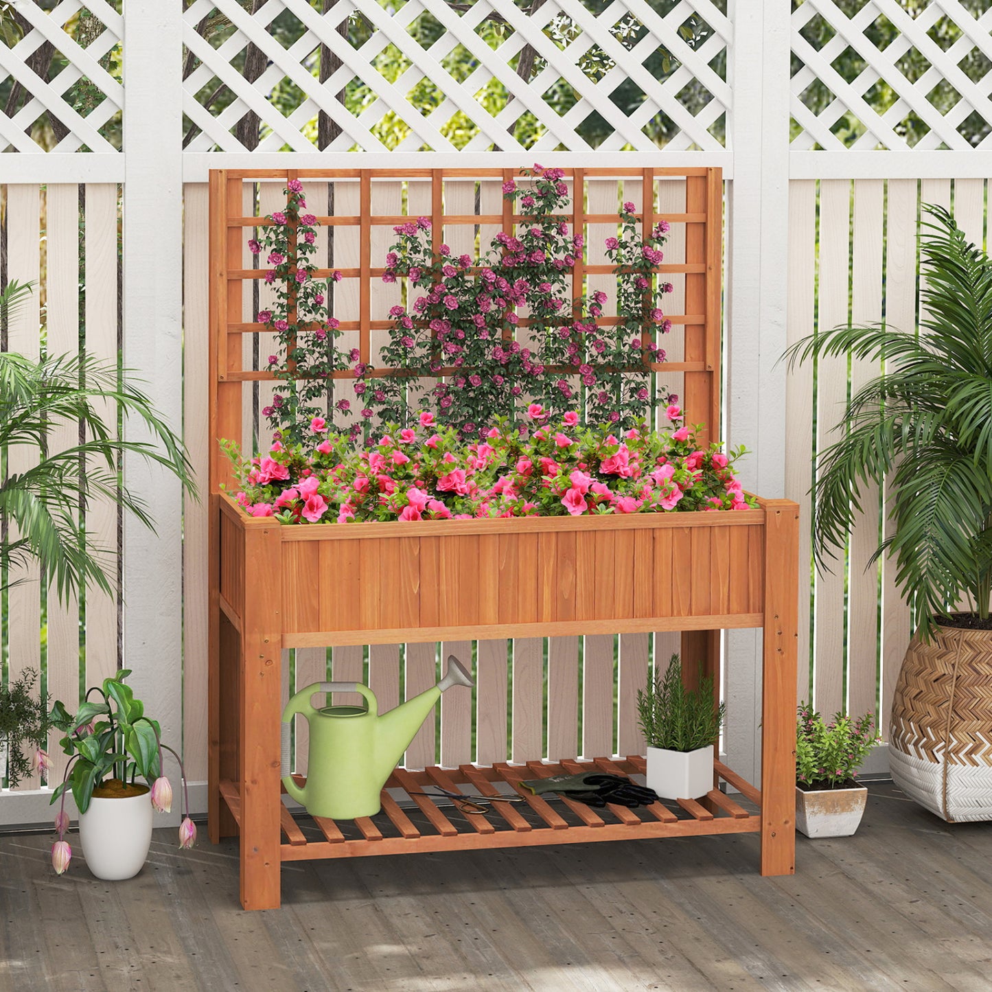 Wooden Raised Garden Bed With Trellis, Elevated Planter Box With Legs, Orange