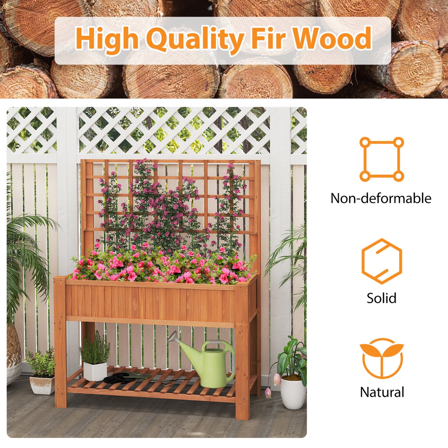Wooden Raised Garden Bed With Trellis, Elevated Planter Box With Legs, Orange