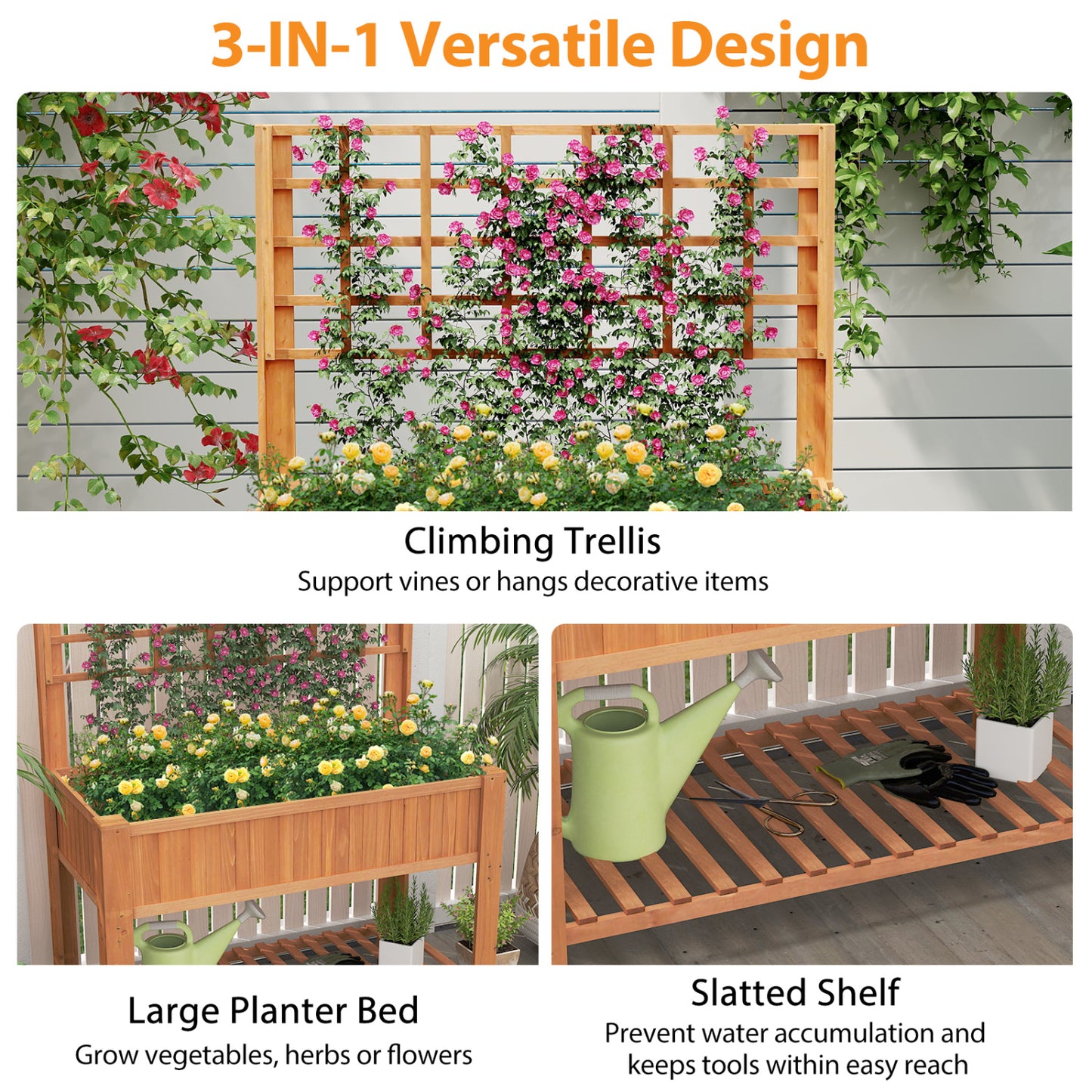 Wooden Raised Garden Bed With Trellis, Elevated Planter Box With Legs, Orange