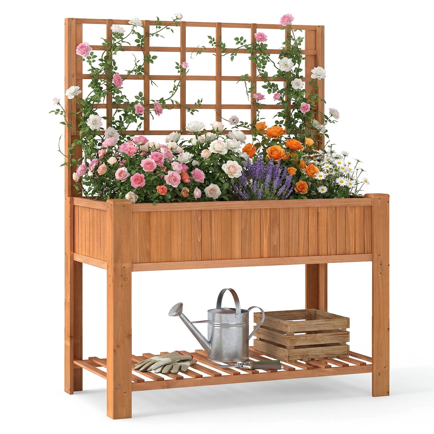 Wooden Raised Garden Bed With Trellis, Elevated Planter Box With Legs, Orange