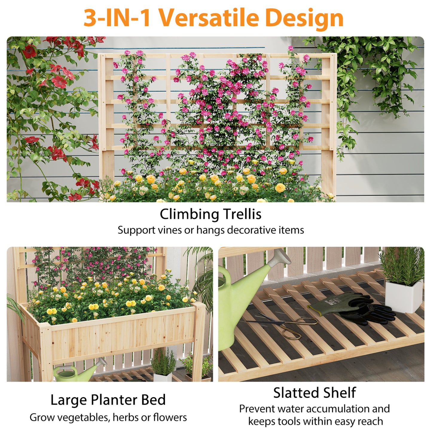 Wooden Raised Garden Bed With Trellis, Elevated Planter Box With Legs, Natural