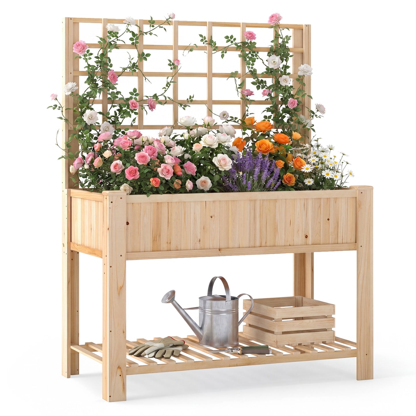 Wooden Raised Garden Bed With Trellis, Elevated Planter Box With Legs, Natural