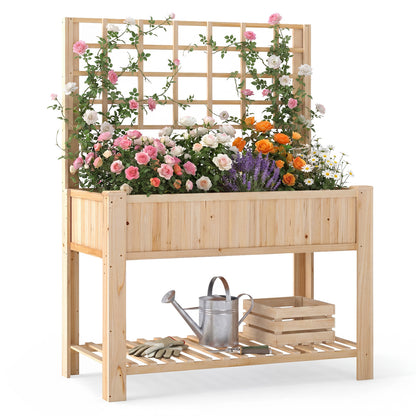 Wooden Raised Garden Bed With Trellis, Elevated Planter Box With Legs, Natural