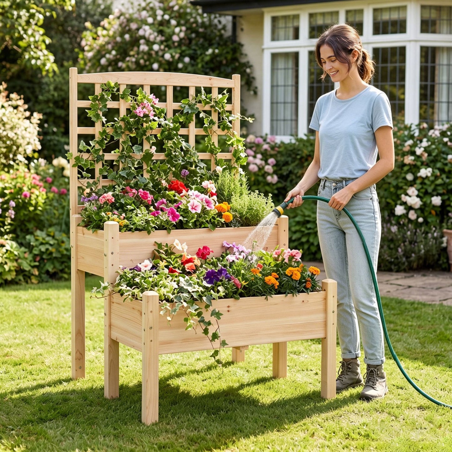 Raised Garden Bed with Trellis 2-Tier for Outdoor Climbing Plants, Natural