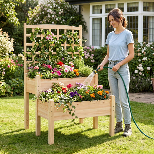 Raised Garden Bed with Trellis 2-Tier for Outdoor Climbing Plants, Natural Raised Garden Beds Natural at Gallery Canada