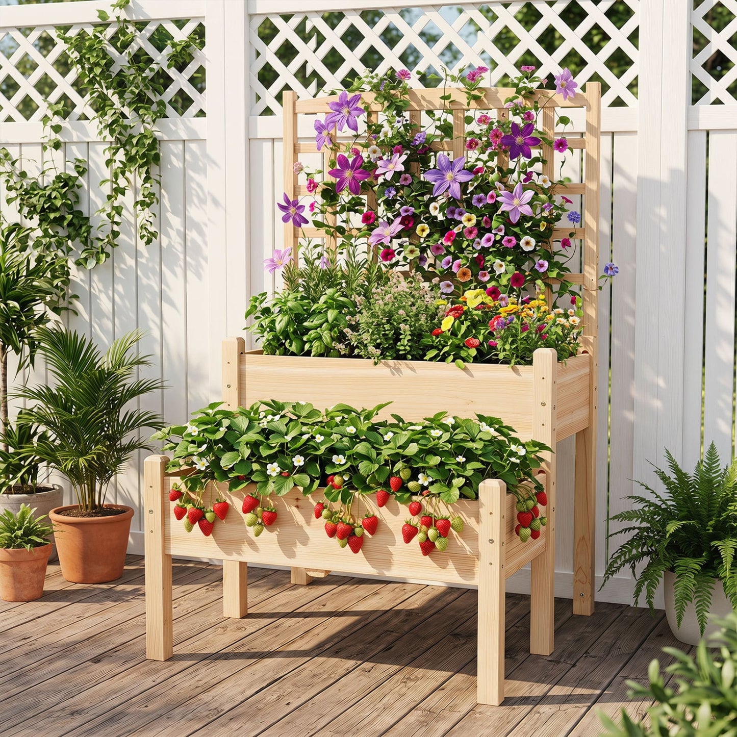 Raised Garden Bed with Trellis 2-Tier for Outdoor Climbing Plants, Natural