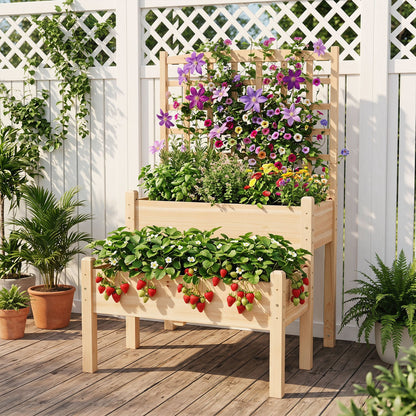 Raised Garden Bed with Trellis 2-Tier for Outdoor Climbing Plants, Natural