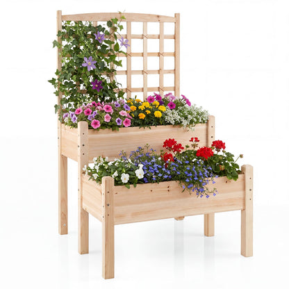 Raised Garden Bed with Trellis 2-Tier for Outdoor Climbing Plants, Natural