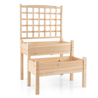 Raised Garden Bed with Trellis 2-Tier for Outdoor Climbing Plants, Natural