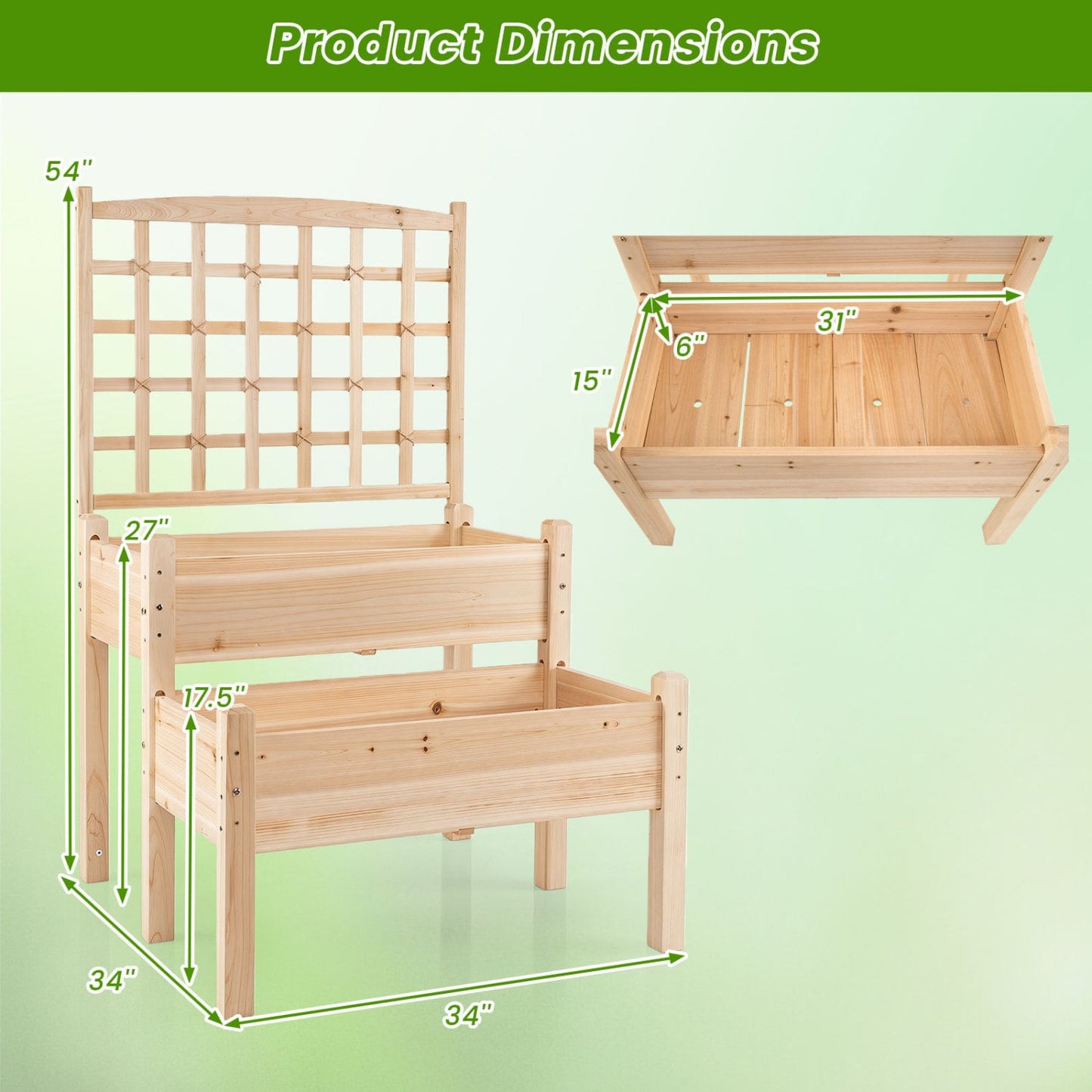 Raised Garden Bed with Trellis 2-Tier for Outdoor Climbing Plants, Natural