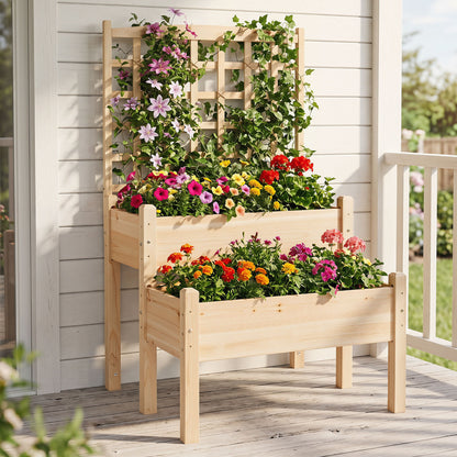 Raised Garden Bed with Trellis 2-Tier for Outdoor Climbing Plants, Natural