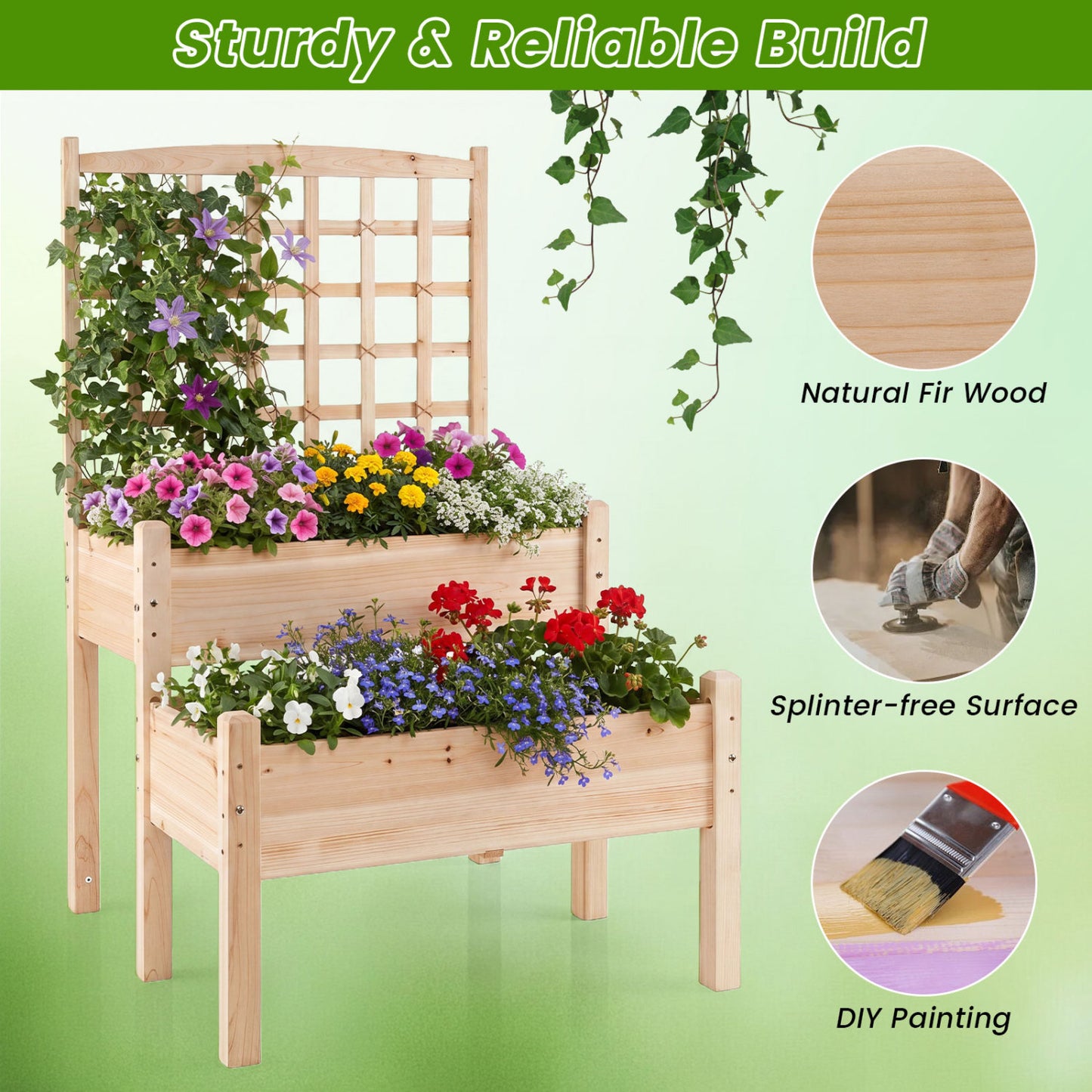 Raised Garden Bed with Trellis 2-Tier for Outdoor Climbing Plants, Natural