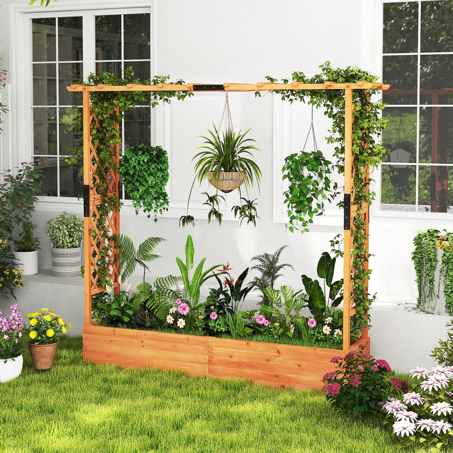 Raised Garden Bed With Arch Trellis, Hanging Roof, Orange