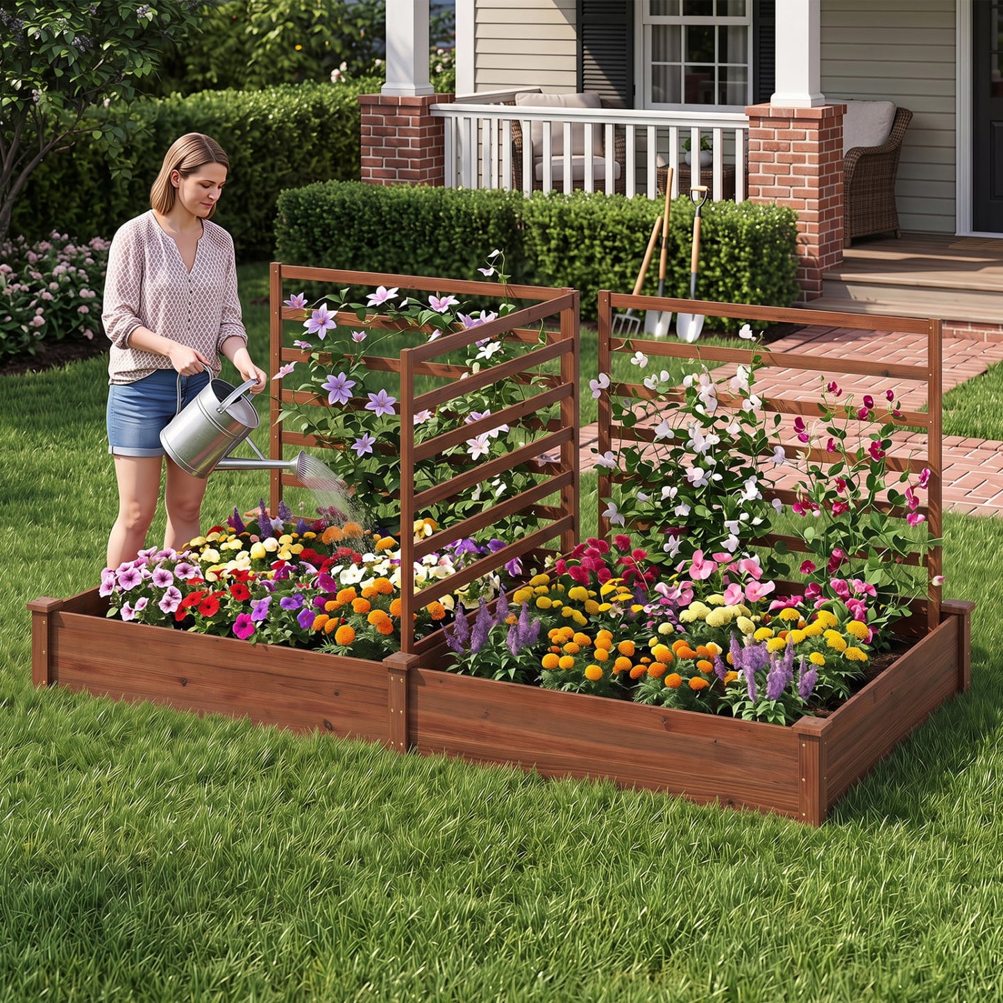 Raised Garden Bed, 2 Planter Boxes, 3 Trellis, Brown