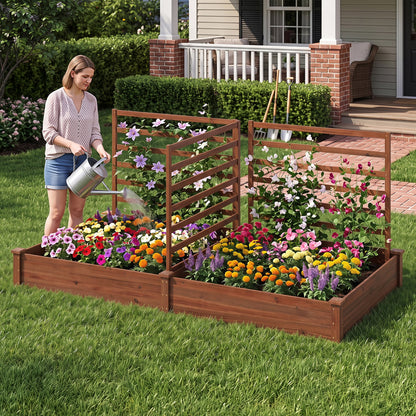 Raised Garden Bed, 2 Planter Boxes, 3 Trellis, Brown