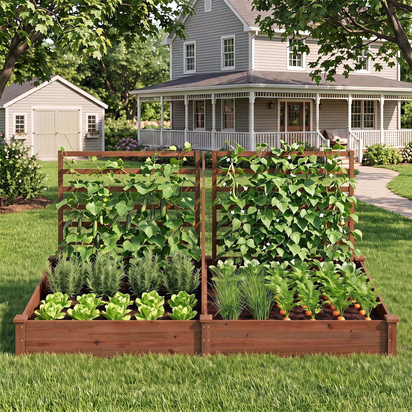 Raised Garden Bed, 2 Planter Boxes, 3 Trellis, Brown