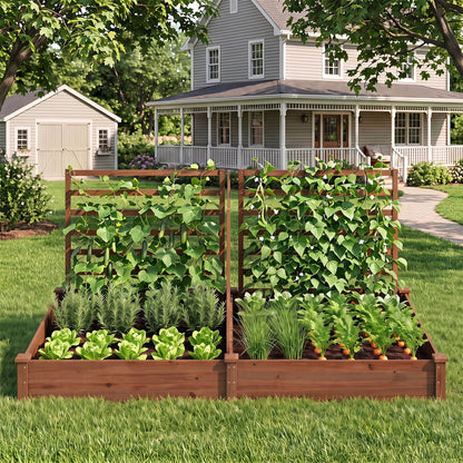 Raised Garden Bed, 2 Planter Boxes, 3 Trellis, Brown
