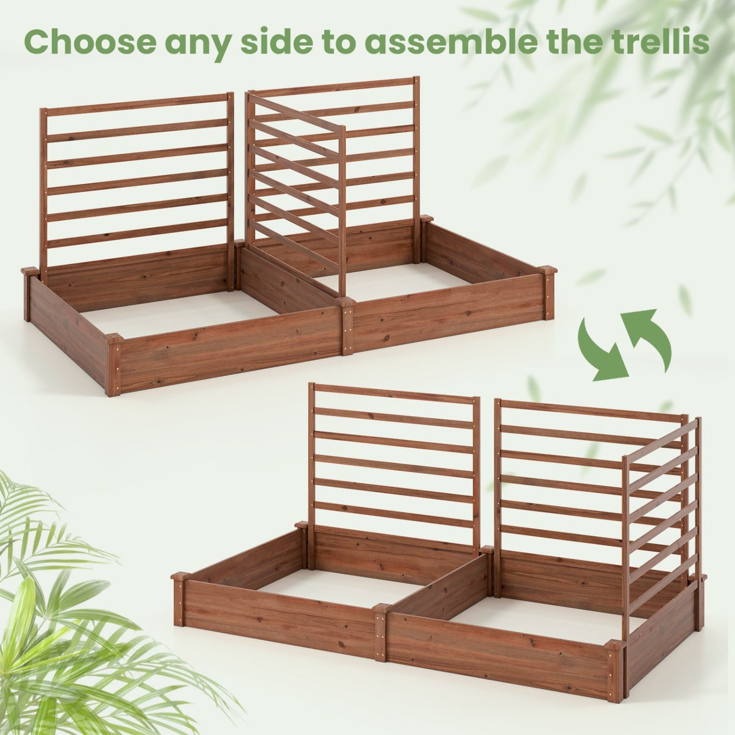 Raised Garden Bed, 2 Planter Boxes, 3 Trellis, Brown