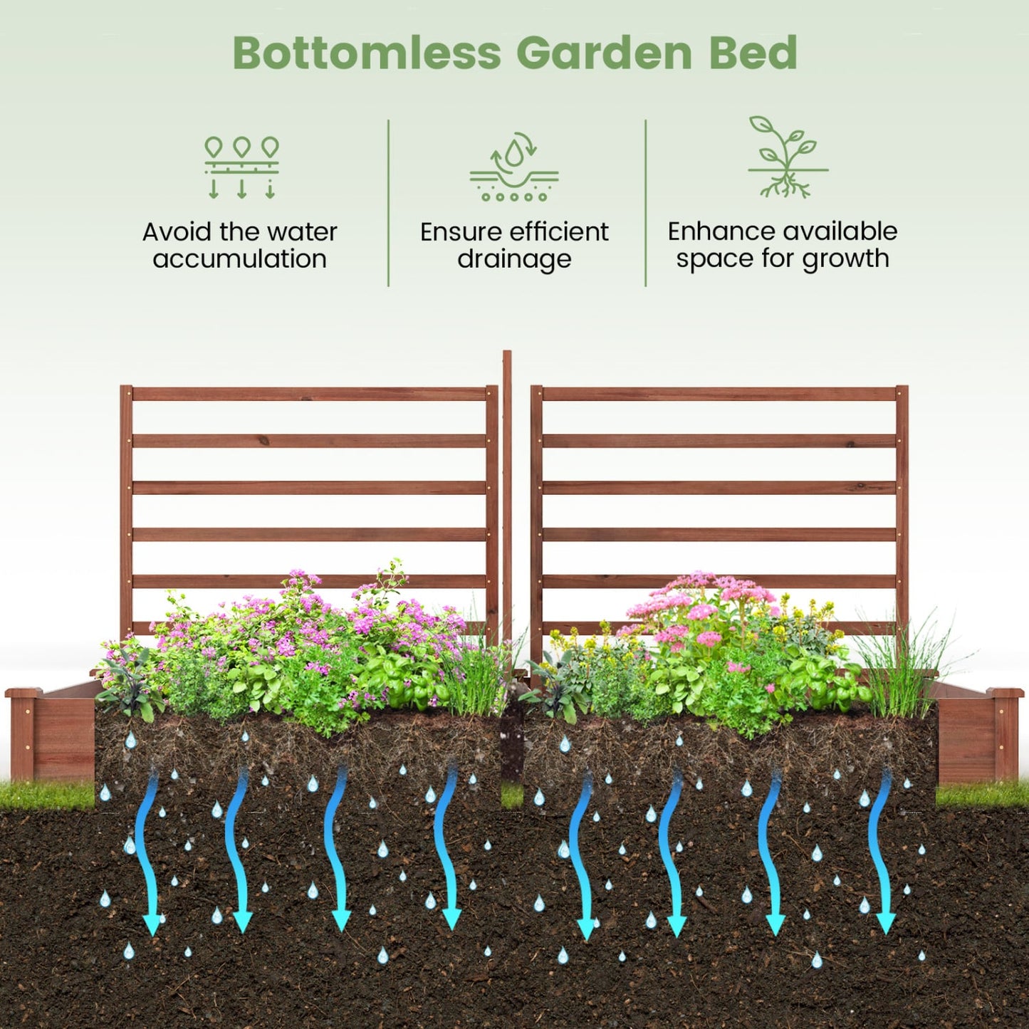 Raised Garden Bed, 2 Planter Boxes, 3 Trellis, Brown