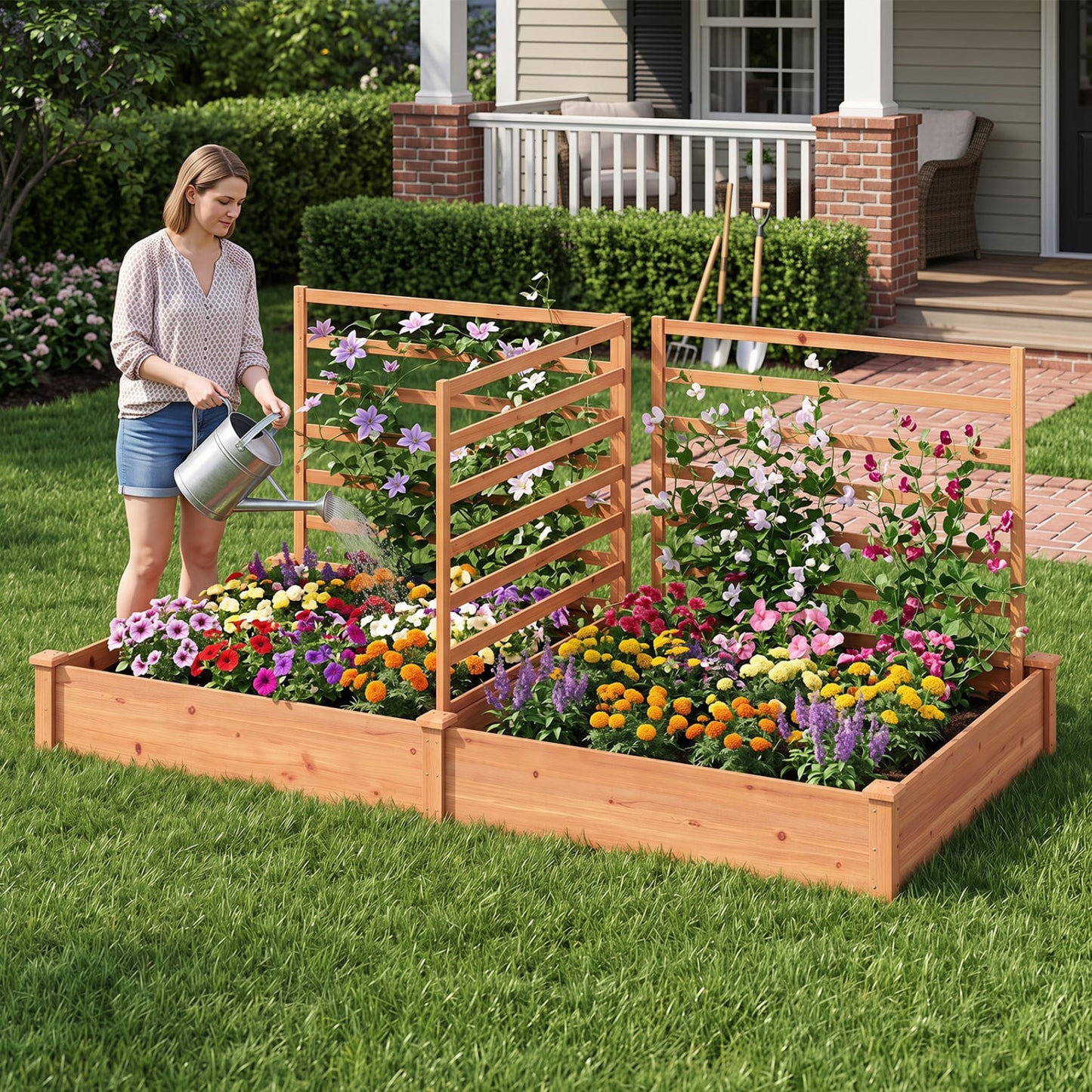 Raised Garden Bed 2 Planter Boxes 3 Trellis, Oak