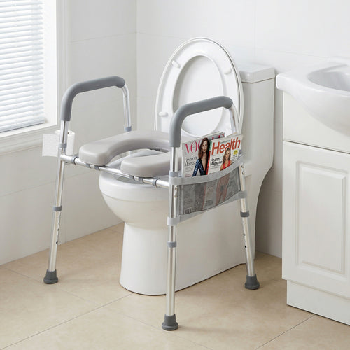 Raised Toilet Seat With Handles, Padded Arms, Silver