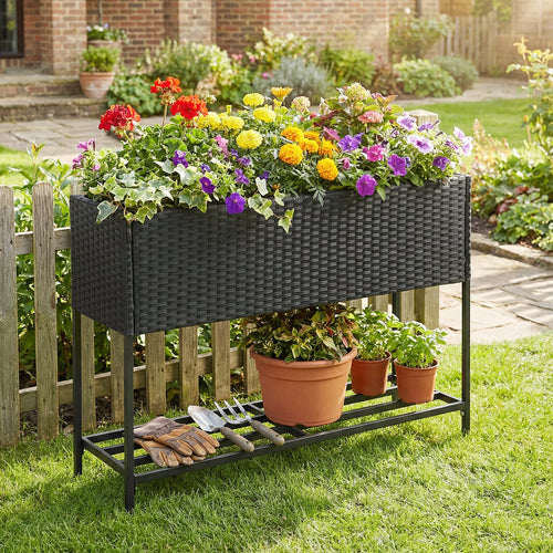 Raised Wicker Garden Bed With Storage Shelf, Removable Liner