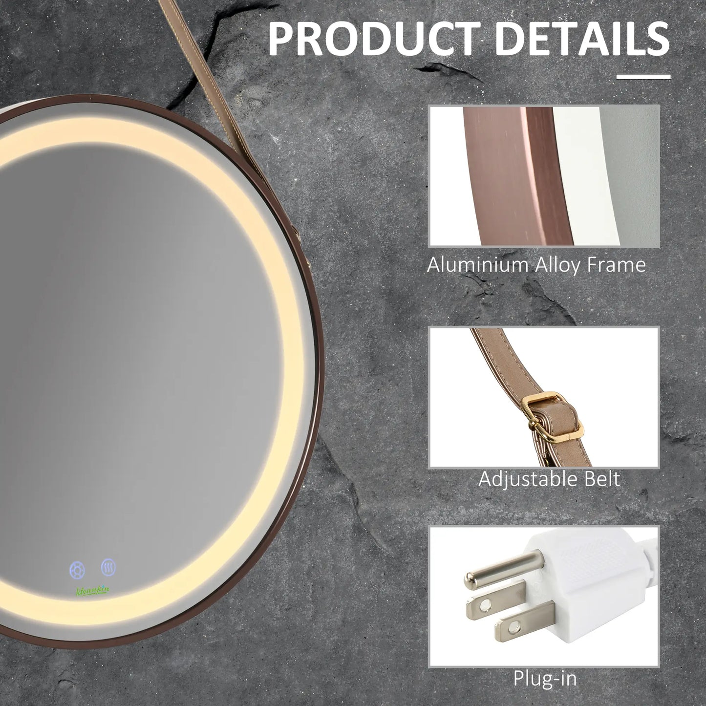24'' Round LED Bathroom Mirror, Dimmable Anti Fog, 3 Color Temps, Rose Gold Wall Mirrors at Gallery Canada