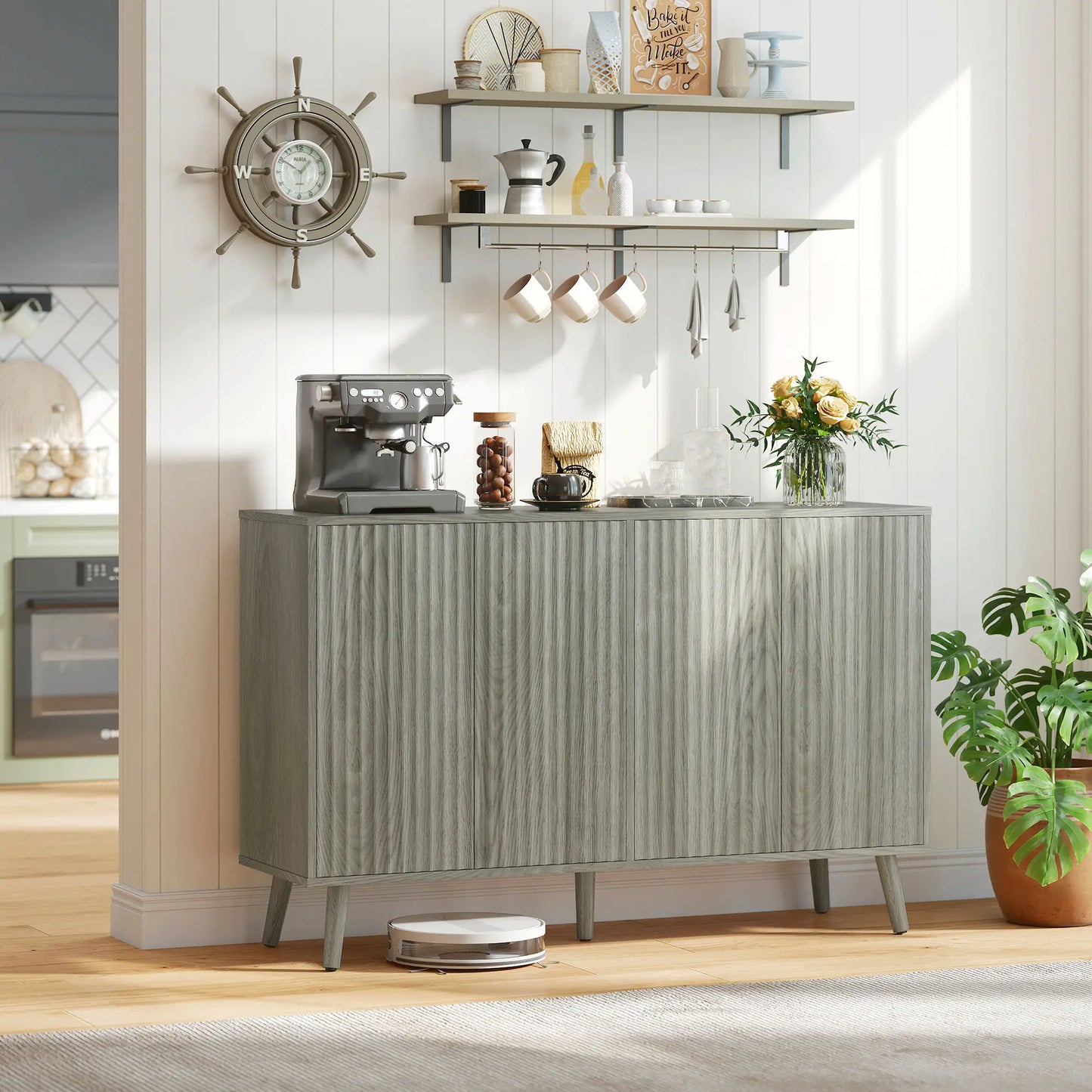 Fluted Sideboard with Adjustable Shelves, Light Grey Bar Cabinets at Gallery Canada